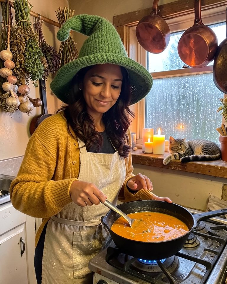 Woman in a green knitted witch hat, mustard cardigan and apron stirring orange soup on the stove in a cosy kitchen hung with dried herbs and garlic