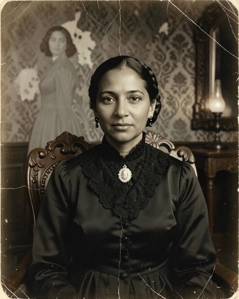 Sepia Victorian-style portrait of a seated woman in a black mourning gown with a lace collar in a dim parlour lit by an oil lamp