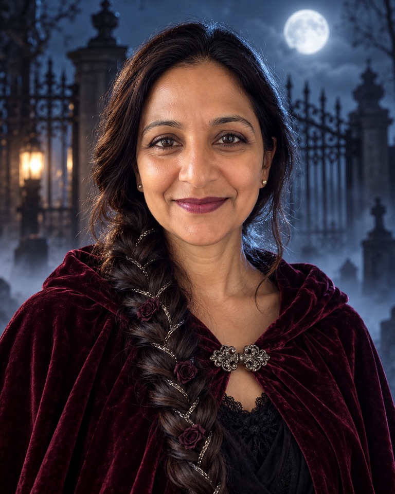 Smiling woman with medium-brown skin, a long fishtail braid with small dark roses and a burgundy velvet cloak at a foggy cemetery gate under a full moon