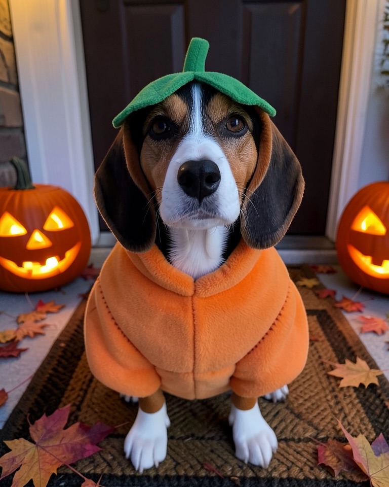 Tricolour beagle wearing a plush orange pumpkin costume with a green stem hat on a porch with carved jack-o-lanterns at dusk