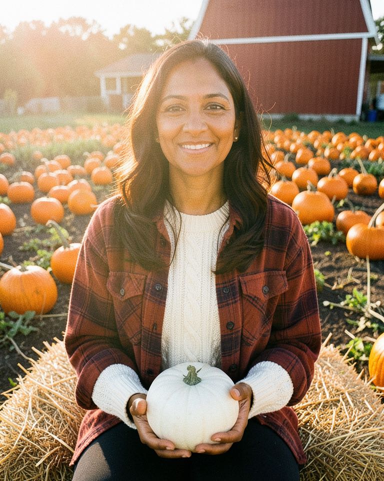 Smiling woman in a plaid flannel shirt sitting on a hay bale holding a white pumpkin in a pumpkin patch, warm film-photo colours