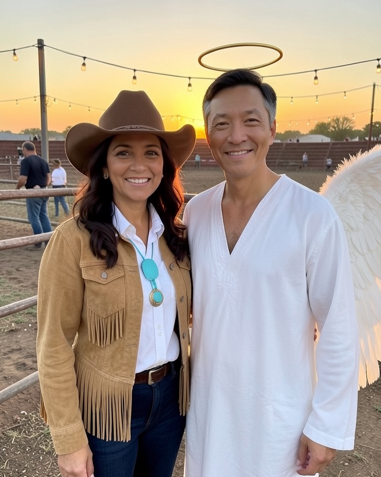Couple at a rodeo fence at sunset, the woman in a cowboy hat and fringe suede jacket, the man in a white robe with feathered wings and a halo